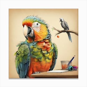 Parrots On A Desk Canvas Print