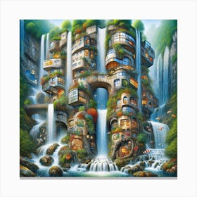 Inspired by the architectural fantasies of Friedensreich Hundertwasser: A gravity-defying building cascading down a waterfall, 2 Canvas Print