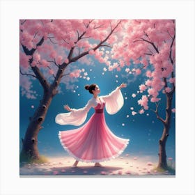 A Graceful Japanese Dancer Performing Beneath Cherry Blossom Trees At Night, Soft Hues, Watercolor Canvas Print