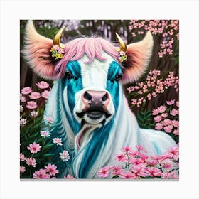Cow In pink pastel Flowers Canvas Print