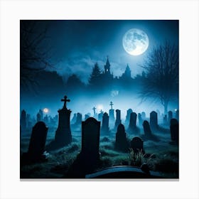 Cemetery Scene On A Halloween Night With Fog And Ghostly Silhouettes Against The Night Sky Haunted 2 1 Canvas Print