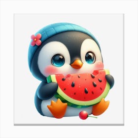 Cute Penguin Eating Watermelon Canvas Print