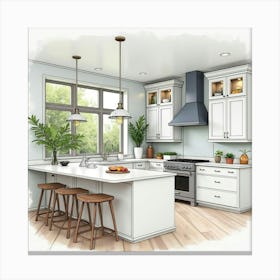 Watercolor Kitchen Design, Modern With Classic Touch 1 Canvas Print