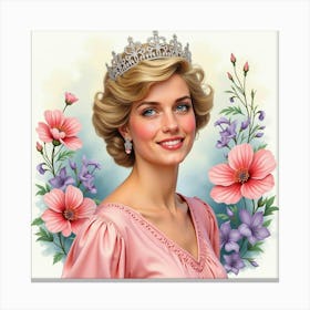 Princess Diana In A Watercolor Backdrop Of Blooming Flowers 1 Canvas Print