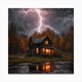 An Abandoned House In The Midst Of A Dark Forest With Eerie Rainy Weather And The Predominant Col Canvas Print