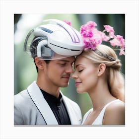 Bride And Groom Wearing Helmets Canvas Print