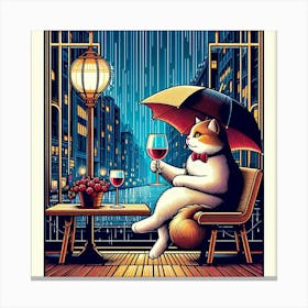 Cat Drinking Wine In The Rain 7 Canvas Print