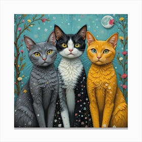 Cats in winter colors. Include a grey cat, a black and white cat, and a yellow cat. Standing next to each other Canvas Print