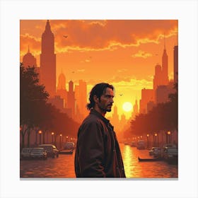 Keanu Reeves In A Dreamy Watercolor Cityscape At Sunset, Warm Orange Skies 1 Canvas Print