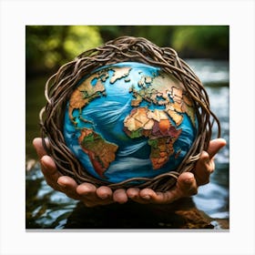 A Hand Of Earthy Brown Weaves Cradling A Detailed Miniature Globe Veins And Tendons Popping Against (5) Canvas Print