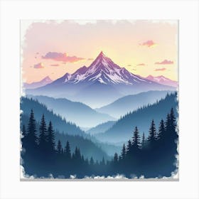 Whimsical Watercolor Mountain View At Dawn 1 Canvas Print