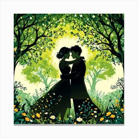 Couple In The Forest, Silhouettes Of Two People Hugging Surrounded By Elements Of Nature Flowers Trees Growing , Silhouette Of Couple In The Forest Canvas Print