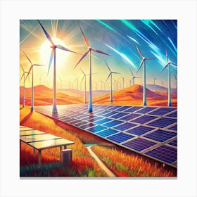 Wind Turbines And Solar Panels Against A Sunny Sky Canvas Print