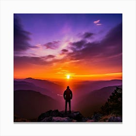 A Serene Photograph Captures A Solitary Figure Standing Atop A Rugged Mountain Peak Canvas Print