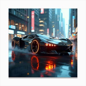 Sleek Futuristic Car With Glowing Wheels, Flying Through A High Tech City 1 Canvas Print