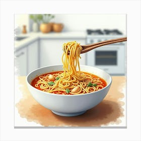 Watercolor Portrayal Of A Classic And Delicious Chicken Noodle Soup On A Chic Kitchen Countertop Canvas Print