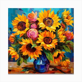 Sunflowers In A Blue Vase Canvas Print