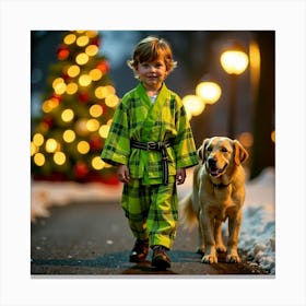 Boy With Dog In Front Of Christmas Tree Canvas Print