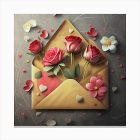 An open red and yellow letter envelope with flowers inside and little hearts outside 1 Canvas Print