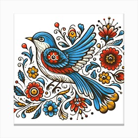 Ukrainian Folk Art With Bluebird And Flowers Canvas Print