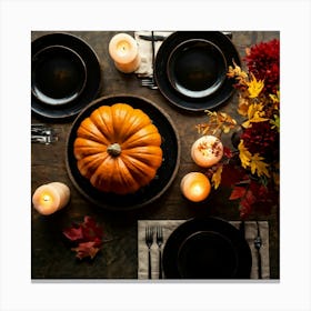 Autumnal Table Setting Cradling A Half Carved Roasted Pumpkin Candlelight Flickering Within Casting Canvas Print