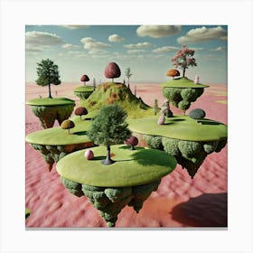 A surreal and imaginative scene with floating islands, trees, and a pink sky. Canvas Print