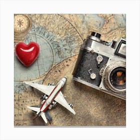 Firefly A Paris, France Vintage Travel Flatlay, Camera, Small Red Heart, Map, Stamp, Flight, Airplan (1) Canvas Print