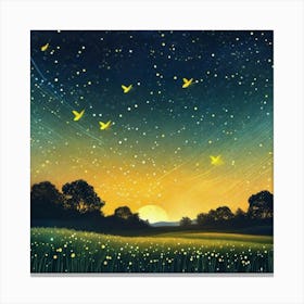 Fire flies in the sky over the sunset and field Canvas Print