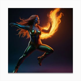 A Phoenix-style female mermaid suspended in space with her hands coming forward casting a spell with a dynamic and expressive hand pose, her face is serious, her long braided fire-red hair reflects psychedelic rainbow flames and her eyes are glowing neon orange with energy smoke coming from the sides, her bodysuit and boots are full gold chrome with her body in a defensive dynamic flying pose, psychedelic black light colors, hyper-realistic, Full body shot zoomed out xcxc Canvas Print