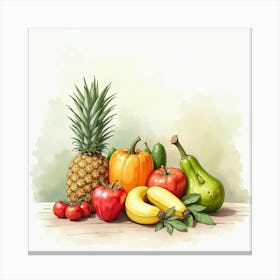 Elegant Watercolor Portrayal Of Assorted Fruits And Veggies With A Serene Setting 1 Canvas Print