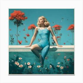 The Pool And The Red Flowers Canvas Print