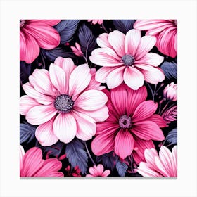 Floral Fantasia A Vibrant Pattern Bursting With Baby Pink White And Dark Pink flowers Pink Flowers On Black Background 1 Canvas Print