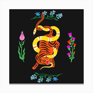 Tiger And Snake Battle Flowers Square Canvas Print