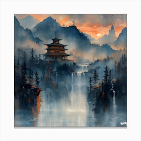 Waterfall In The Mountains Realism & Impressionism Canvas Print