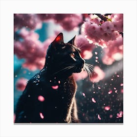 Black Cat, Raindrops and Pink Cherry Blossom Canvas Print