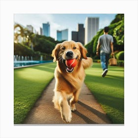 Golden Retriever Dog Playing With Tennis Ball In Park Canvas Print