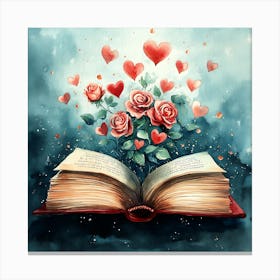 Watercolor Romantic Book Roses Hearts 12 Canvas Print