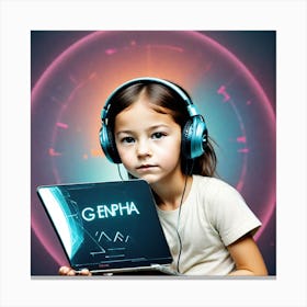 Girl With Headphones And Laptop Canvas Print