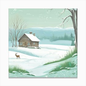 Winter Scene With Cabin And Deer Canvas Print