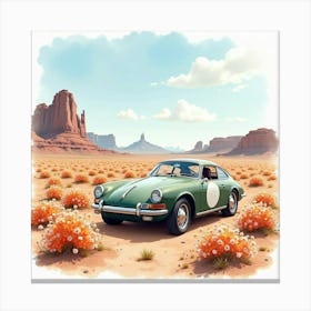 Exotic Car Near A Blooming Desert, Watercolor Painting 1 Canvas Print