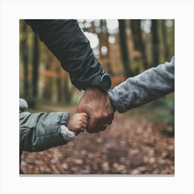 Father And Son Holding Hands In The Woods Canvas Print