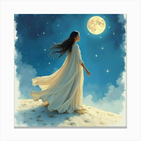 Enchantress In Flowing Robes Under A Moonlit Sky, Watercolor Design 1 1 Canvas Print