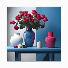 Still Life with Mulberry Pink Roses, Glossy Ceramics and White Candle Canvas Print