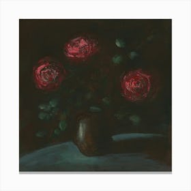 Three Red Roses - dark painting impressionism square floral flowers Anton Maliar brown black Canvas Print