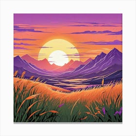 Summer Landscape Sunset In The Desert Cartoon Style Sunset Landscape With Grass Field And Trees (2) Canvas Print