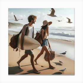 Couple Walking On The Beach Canvas Print