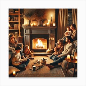 Family Moments By The Fireplace Wall Art A Cozy Evening Scene With Laughter, Warm Lighting, And Togetherness, Perfect For Living Rooms Or Family Spaces Print Art Canvas Print