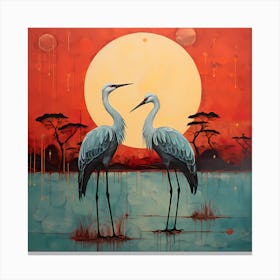 Crimson Canvas: Graceful Cranes Amidst Turquoise Waves Canvas Print