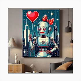A Bold and Colorful Pop Art Painting of a Robot with Pearl Earrings and a Red Bow, Holding a Heart-Shaped Balloon in a Cityscape Canvas Print