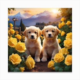 Two Golden Retriever Puppies In Roses Canvas Print